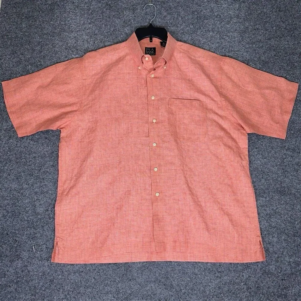 Jos A Bank Traveler Shirt Men XL Coral 100% Linen Button Down Long Sleeve Pocket